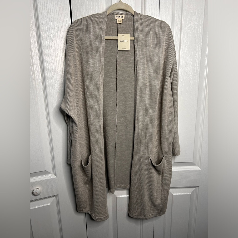 DONNI Anthropologie Ribbed Open Duster Cardigan Sweater Size OS NWT Cream Gray